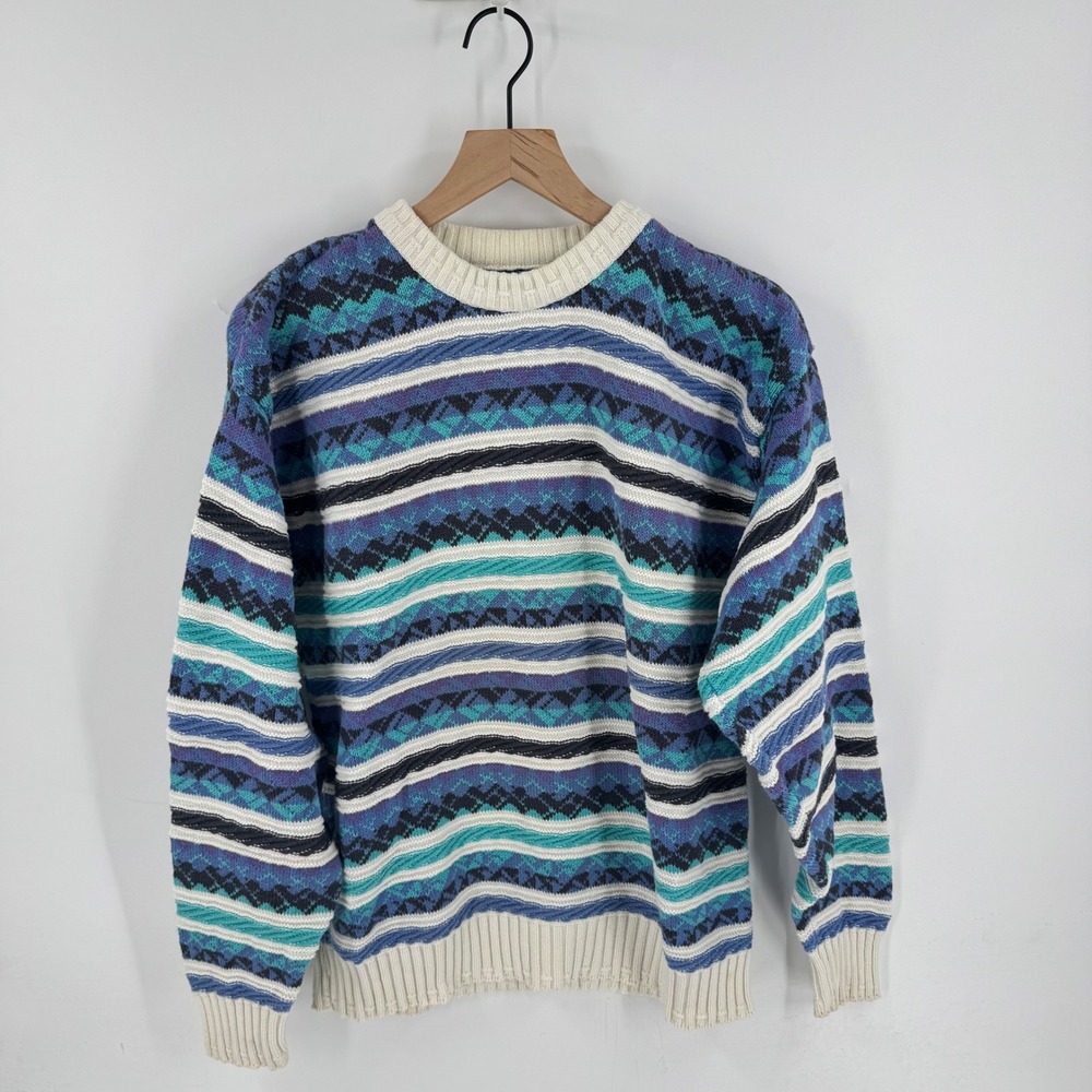Vintage Colours by Alexander Mens 3D Knit Striped Cotton Sweater Size L Gansey